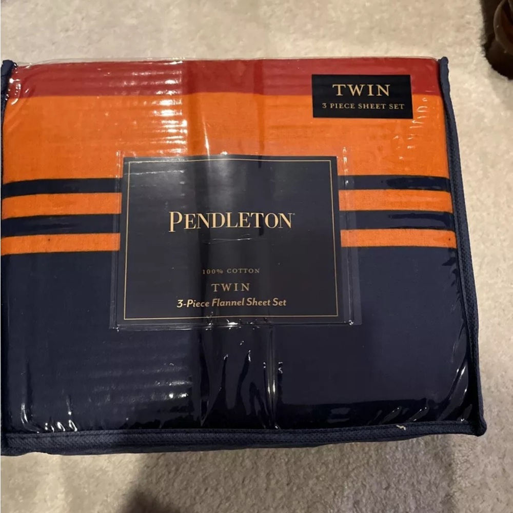 Pendleton Twin 3-Piece Flannel Sheet Set - Orange and Navy